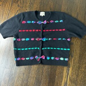 Vintage 1995 Susan Bristol Lambs Wool Cardigan Size 12 Black Holiday Ribbons
